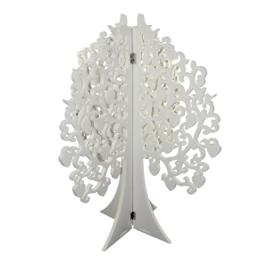 Białe drzewo dekoracyjne XXL o wymiarach 100x82 cm wykonane ze styroduru. Posiada ażurowy wzór i zawiasy pozwalające na złożenie konstrukcji, idealne do ozdoby wnętrz.