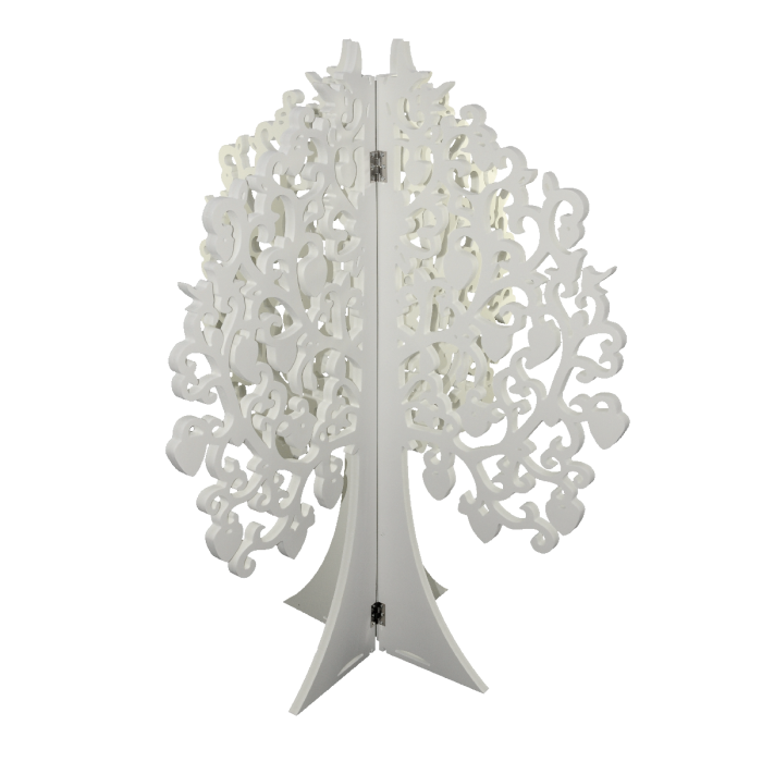 Białe drzewo dekoracyjne XXL o wymiarach 100x82 cm wykonane ze styroduru. Posiada ażurowy wzór i zawiasy pozwalające na złożenie konstrukcji, idealne do ozdoby wnętrz.