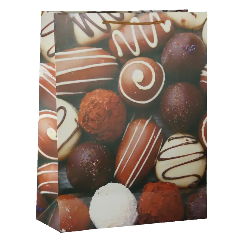 Torebka prezentowa w czekoladki o wymiarach 40x31x12 cm z apetycznym nadrukiem pralin. Estetyczne opakowanie na upominki dla niej lub dla niego.