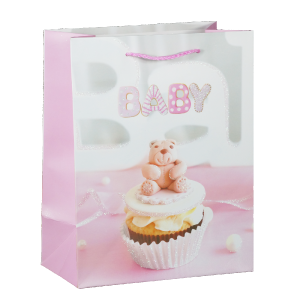 Torebka prezentowa dla dzieci o wymiarach 23x18x10 cm z nadrukiem misia i napisem BABY. Idealna na chrzest lub urodziny.