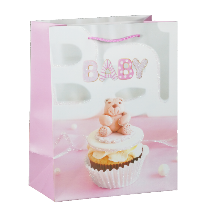 Torebka prezentowa dla dzieci o wymiarach 23x18x10 cm z nadrukiem misia i napisem BABY. Idealna na chrzest lub urodziny.