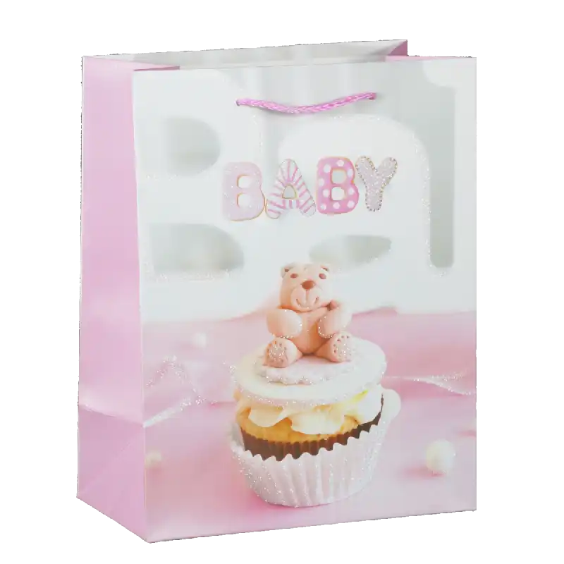Torebka prezentowa dla dzieci o wymiarach 23x18x10 cm z nadrukiem misia i napisem BABY. Idealna na chrzest lub urodziny.