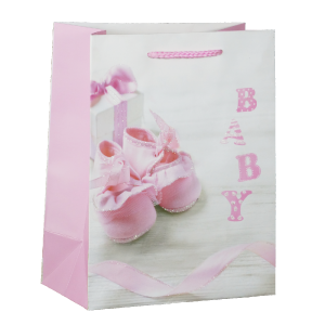 Torebki prezentowe dla dzieci o wymiarach 23x18x10 cm z nadrukiem różowych bucików i napisem baby. Posiada tasiemkowe uchwyty.