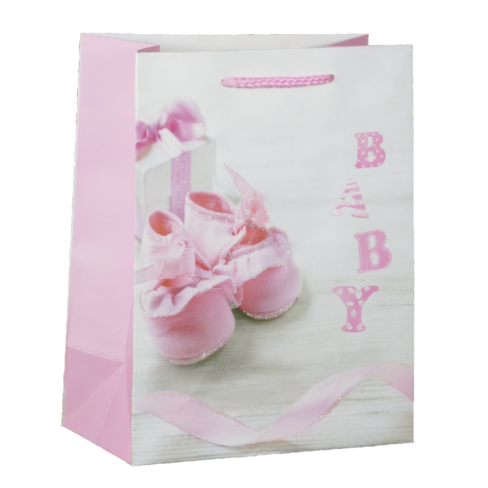 Torebki prezentowe dla dzieci o wymiarach 23x18x10 cm z nadrukiem różowych bucików i napisem baby. Posiada tasiemkowe uchwyty.