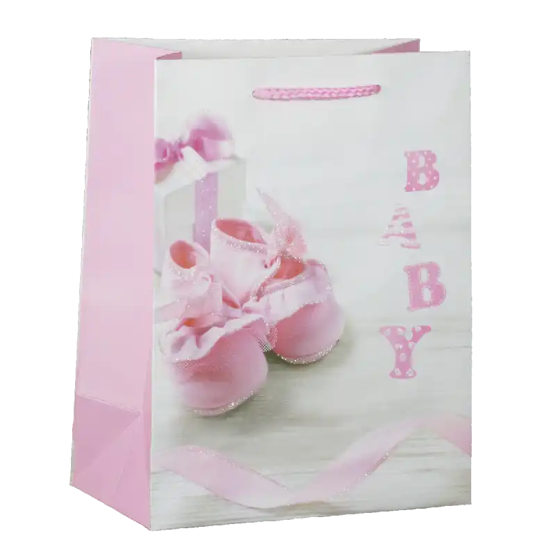 Torebki prezentowe dla dzieci o wymiarach 23x18x10 cm z nadrukiem różowych bucików i napisem baby. Posiada tasiemkowe uchwyty.