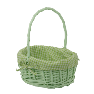 Zielony owalny kosz wiklinowy o wysokości 27 cm. Koszyk posiada wyjmowany materiał w zieloną kratkę, który dekoracyjnie oplata brzegi i wykończony jest kokardką. Idealna baza na wielkanocną święconkę lub do przechowywania owoców.