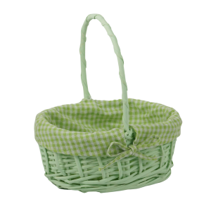 Owalny kosz wiklinowy w kolorze zielonym z wyjmowanym tekstylnym wkładem w kratkę. Koszyk o wysokości 27 cm z rączką to uniwersalny dodatek, który sprawdzi się w domu jako miejsce na drobne przedmioty lub sezonowe dekoracje.
