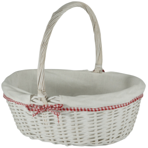 Pusty owalny kosz wiklinowy w rozmiarze M o wymiarach 39x32 cm. Posiada estetyczny zdejmowany materiał w kratkę, idealny na święconkę.