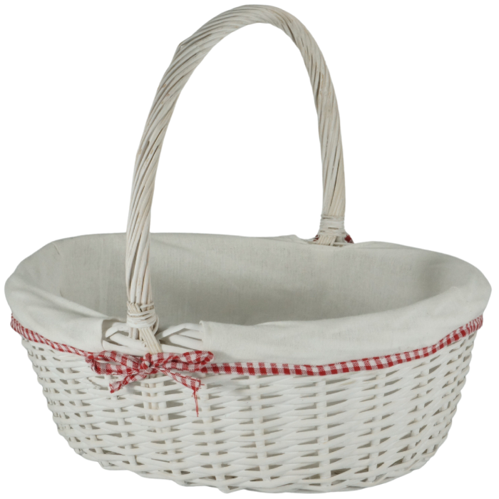 Pusty owalny kosz wiklinowy w rozmiarze M o wymiarach 39x32 cm. Posiada estetyczny zdejmowany materiał w kratkę, idealny na święconkę.