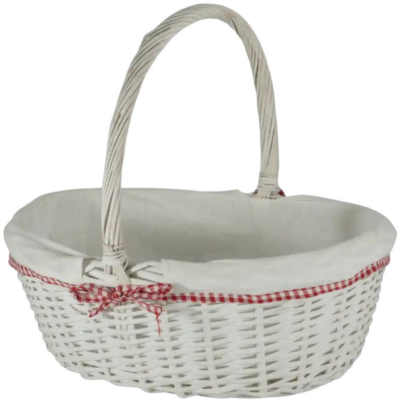 Pusty owalny kosz wiklinowy w rozmiarze M o wymiarach 39x32 cm. Posiada estetyczny zdejmowany materiał w kratkę, idealny na święconkę.