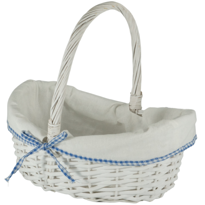 Owalny biały kosz wiklinowy 38 cm w rozmiarze M. Posiada zdejmowany materiał z niebieską tasiemką, idealny na święconkę.