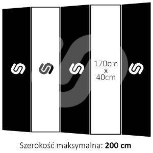 Grafika techniczna przedstawiająca wymiary parawanu 5 skrzydłowego o wysokości 170 cm oraz łącznej szerokości 200 cm.