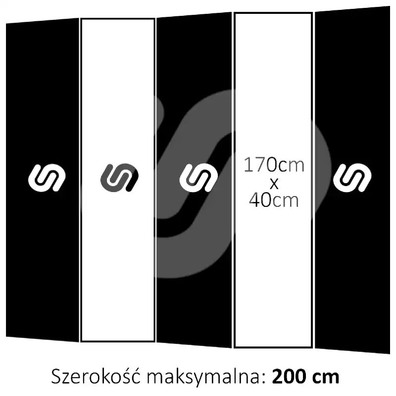 Grafika techniczna przedstawiająca wymiary parawanu 5 skrzydłowego o wysokości 170 cm oraz łącznej szerokości 200 cm.