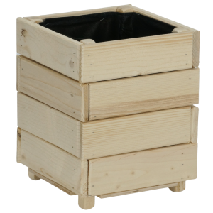 Kwadratowa donica drewniana 22 cm w naturalnym kolorze, ustawiona na czterech nóżkach. Wnętrze wyłożone czarną agrowłókniną. Produkt doskonały do ogrodu, na balkon lub do wnętrz.