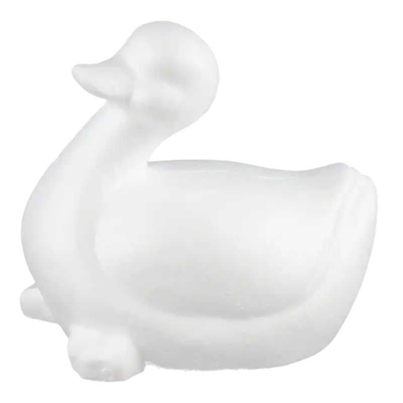 Figura kaczki styropianowej 19 cm z boku. Gotowy produkt do pokrywania farbami lub elementami dekoracyjnymi.