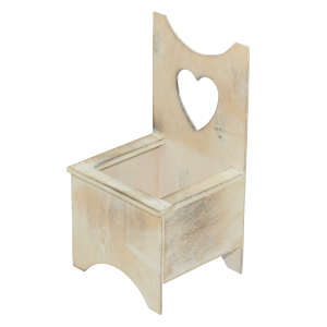 Opalany kwietnik z drewna o wymiarach 16x16x34 cm. Widoczny z profilu, podkreślający strukturę materiału i otwór w serce.