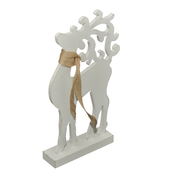 Biały drewniany renifer 32 cm z jutowym szalikiem, ujęty z boku na stabilnej podstawie. Elegancka figurka świąteczna.