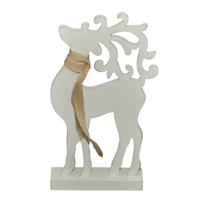 Biały drewniany renifer o wysokości 32 cm, widok z przodu. Figurka posiada ozdobny szalik wykonany z jutowego sznurka.