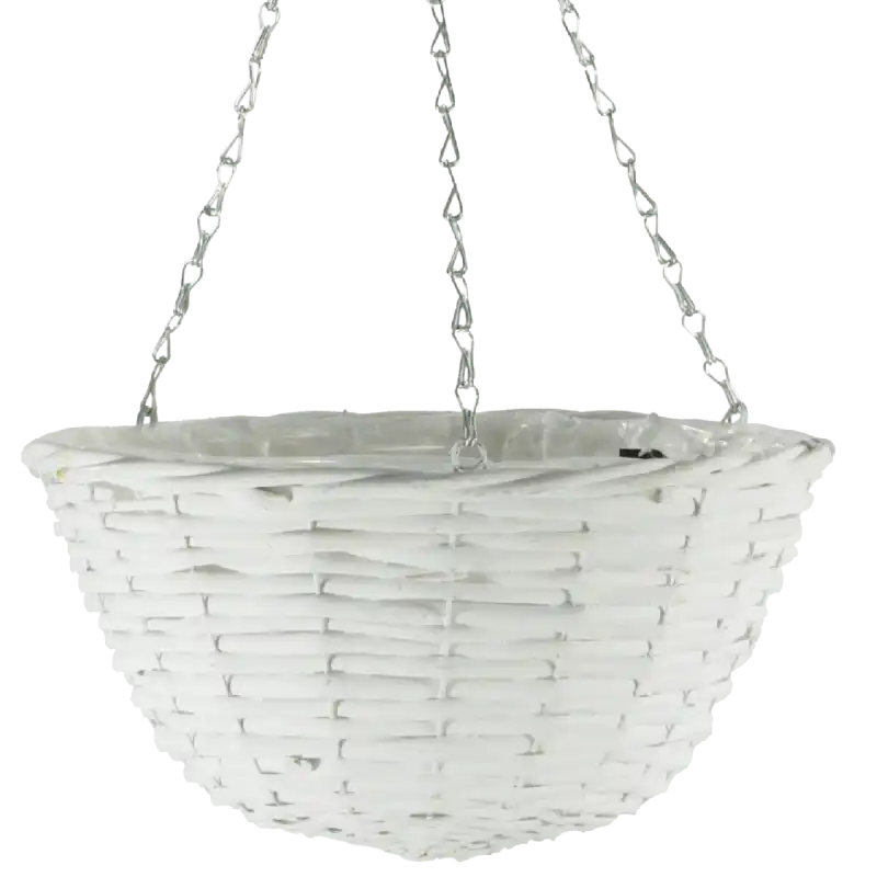 Biały kwietnik wiszący z wikliny o średnicy 30 cm. Model wyposażony w metalowy łańcuszek z hakiem oraz wewnętrzną folię ochronną, która pozwala na bezpośrednie sadzenie kwiatów.