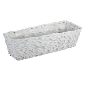 Biała wiklinowa skrzynka balkonowa o długości 65 cm. Prezentowana w ujęciu z góry, z widocznym wnętrzem wyłożonym przezroczystą folią ochronną.