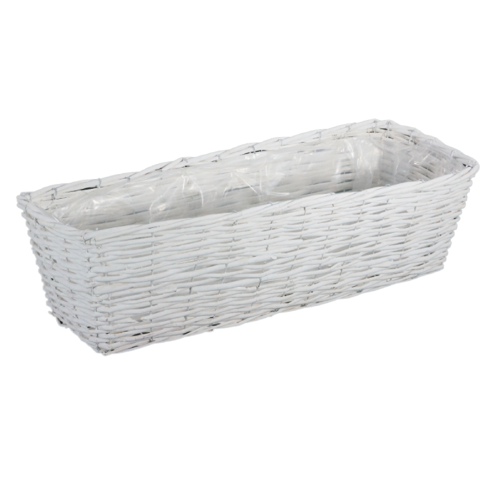Biała wiklinowa skrzynka balkonowa o długości 65 cm. Prezentowana w ujęciu z góry, z widocznym wnętrzem wyłożonym przezroczystą folią ochronną.
