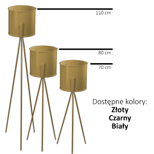Graficzne zestawienie trzech kwietników metalowych o różnych wysokościach, w tym model 70 cm, 80 cm i 110 cm.