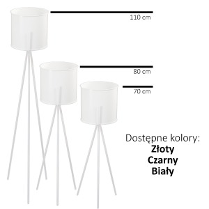 Grafika prezentująca trzy warianty wysokości kwietników metalowych z donicą: 110 cm, 80 cm oraz 70 cm w kolorze białym.