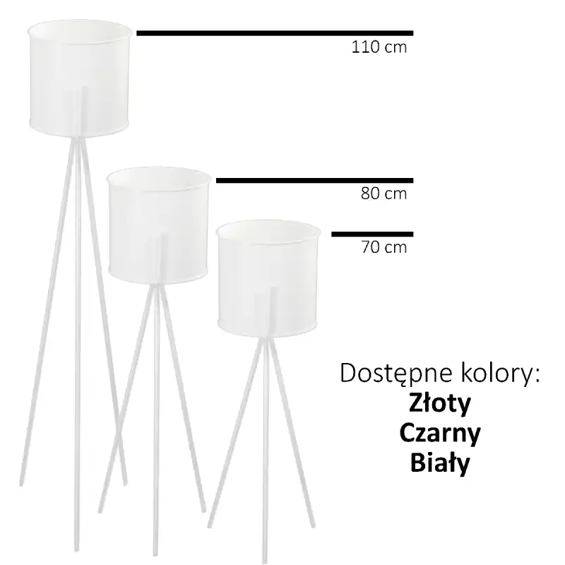 Grafika prezentująca trzy warianty wysokości kwietników metalowych z donicą: 110 cm, 80 cm oraz 70 cm w kolorze białym.