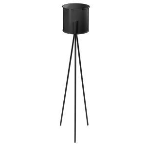 Czarny kwietnik metalowy na trzech nogach z wyjmowaną donicą. Wysokość 110 cm, minimalistyczny design pasujący do nowoczesnych oraz industrialnych wnętrz domowych i usługowych.