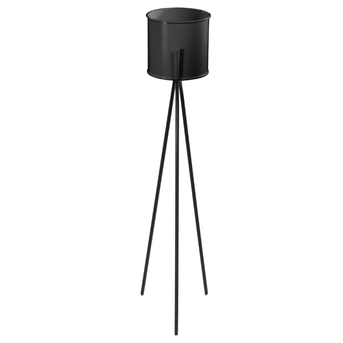 Czarny kwietnik metalowy na trzech nogach z wyjmowaną donicą. Wysokość 110 cm, minimalistyczny design pasujący do nowoczesnych oraz industrialnych wnętrz domowych i usługowych.