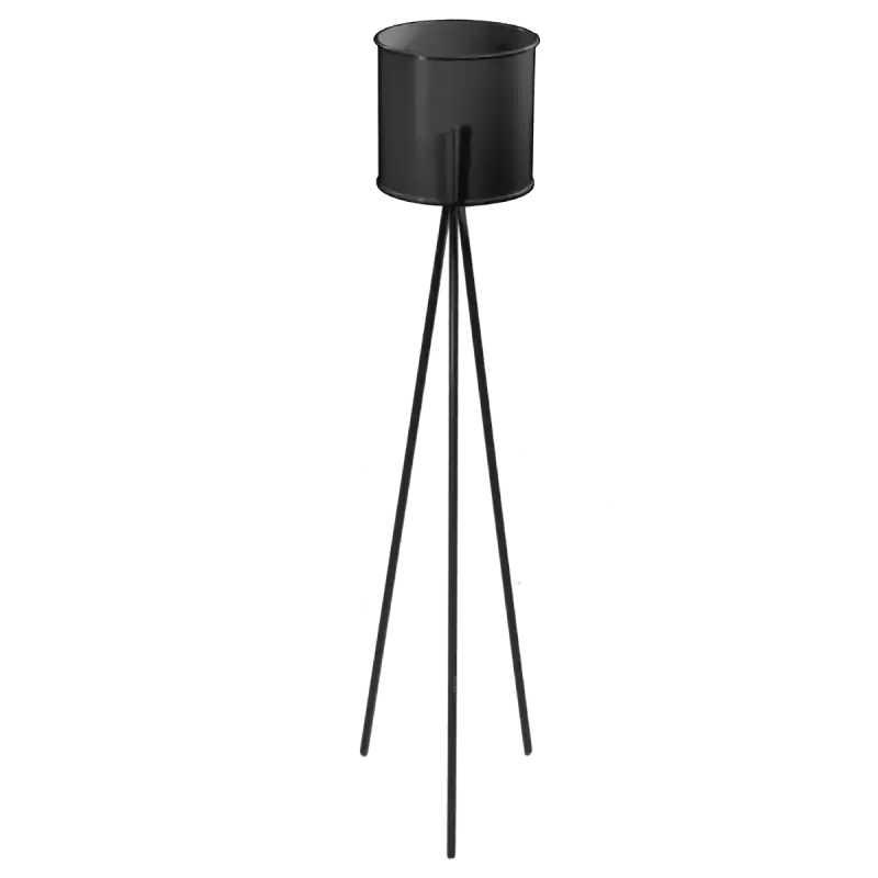 Czarny kwietnik metalowy na trzech nogach z wyjmowaną donicą. Wysokość 110 cm, minimalistyczny design pasujący do nowoczesnych oraz industrialnych wnętrz domowych i usługowych.