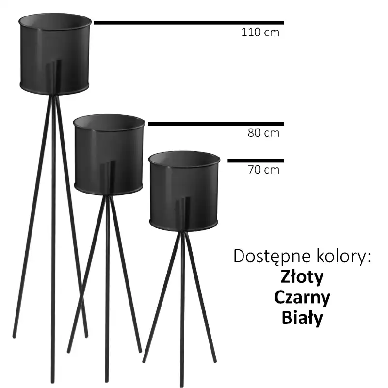 Graficzne zestawienie trzech kwietników metalowych o różnych wysokościach: 110 cm, 80 cm oraz 70 cm. Widoczna informacja o dostępnych wersjach kolorystycznych.
