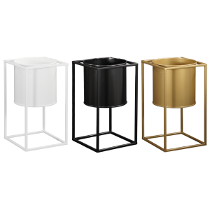 Porównanie trzech wersji kolorystycznych kwietników z donicami: białej, czarnej oraz złotej. Minimalistyczny design LOFT.