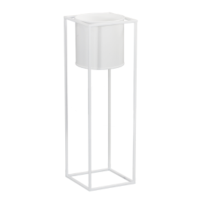Biały kwietnik z donicą o wysokości 70 cm. Konstrukcja z metalu z wyjmowaną okrągłą doniczką w minimalistycznym stylu.