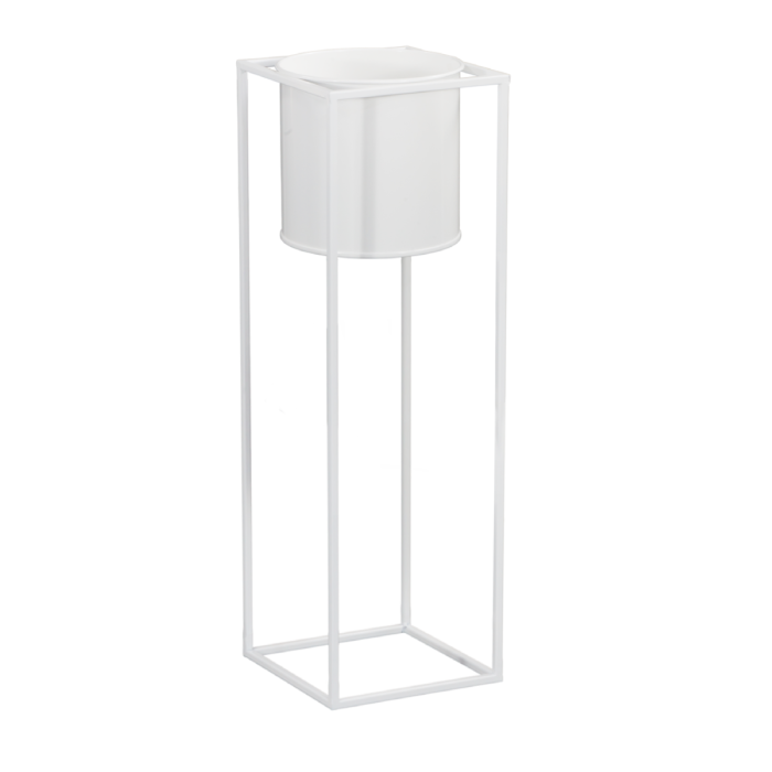 Biały kwietnik z donicą o wysokości 70 cm. Konstrukcja z metalu z wyjmowaną okrągłą doniczką w minimalistycznym stylu.