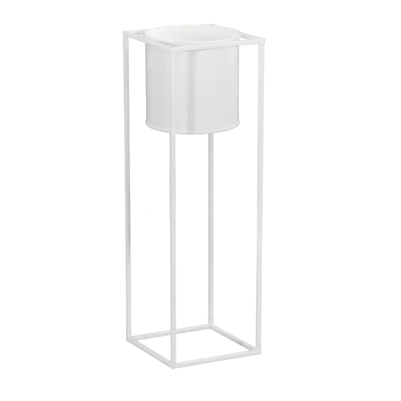 Biały kwietnik z donicą o wysokości 70 cm. Konstrukcja z metalu z wyjmowaną okrągłą doniczką w minimalistycznym stylu.