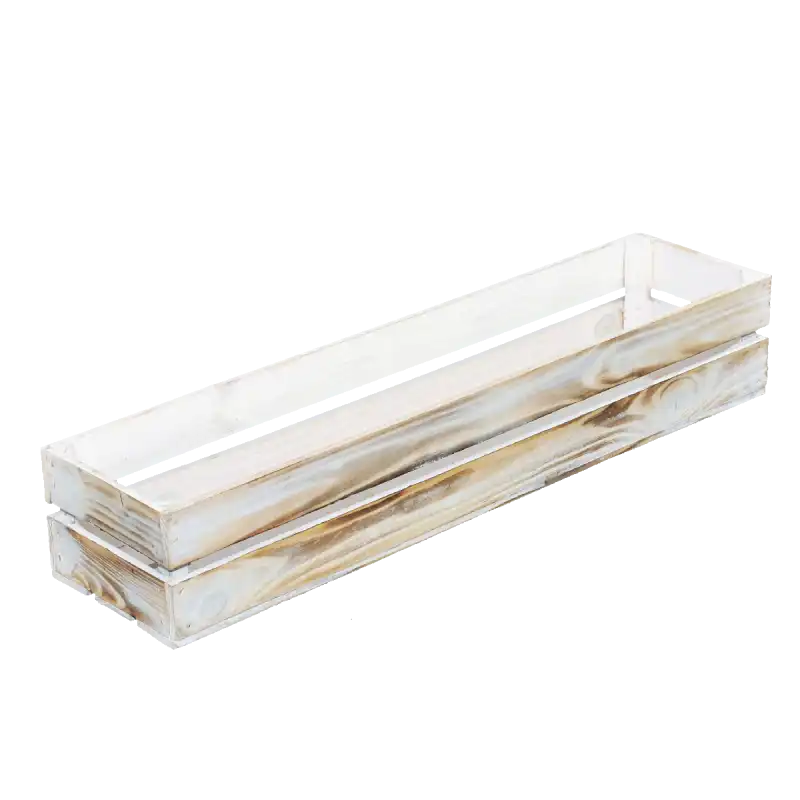 Biała opalana skrzynka drewniana o wymiarach 12x17x70 cm. Produkt ręcznie szlifowany i malowany, widoczny w ujęciu z góry pod kątem.