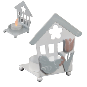 Metalowy świecznik w kształcie domku 11 cm z podstawą na tealight. Ozdobiony motywem kurki i kwiatka w odcieniach bieli, brązu i mięty. Kompletna dekoracja wielkanocna.
