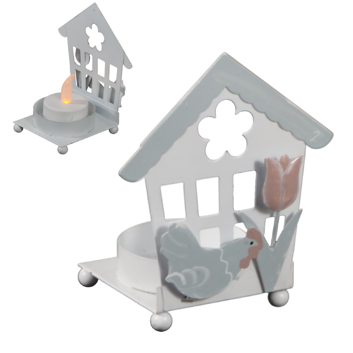 Metalowy świecznik w kształcie domku 11 cm z podstawą na tealight. Ozdobiony motywem kurki i kwiatka w odcieniach bieli, brązu i mięty. Kompletna dekoracja wielkanocna.