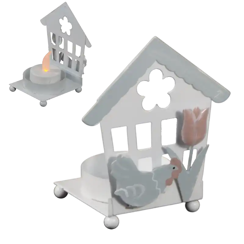 Metalowy świecznik w kształcie domku 11 cm z podstawą na tealight. Ozdobiony motywem kurki i kwiatka w odcieniach bieli, brązu i mięty. Kompletna dekoracja wielkanocna.