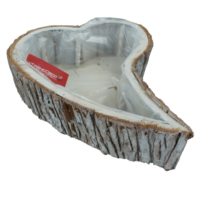 Dekoracyjna osłonka z kory w kształcie serca o długości 48 cm. Naturalne wykończenie z drewnianą podstawą i folią w środku.