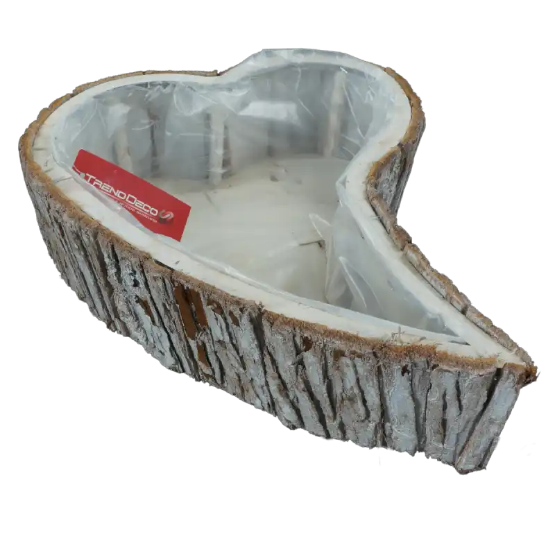 Dekoracyjna osłonka z kory w kształcie serca o długości 48 cm. Naturalne wykończenie z drewnianą podstawą i folią w środku.