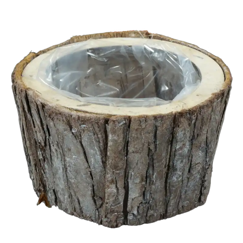 Okrągła osłonka z kory o średnicy 14 cm z naturalnego surowca. Posiada wewnętrzną przezroczystą folię ochronną i stabilną drewnianą podstawę do kwiatów.