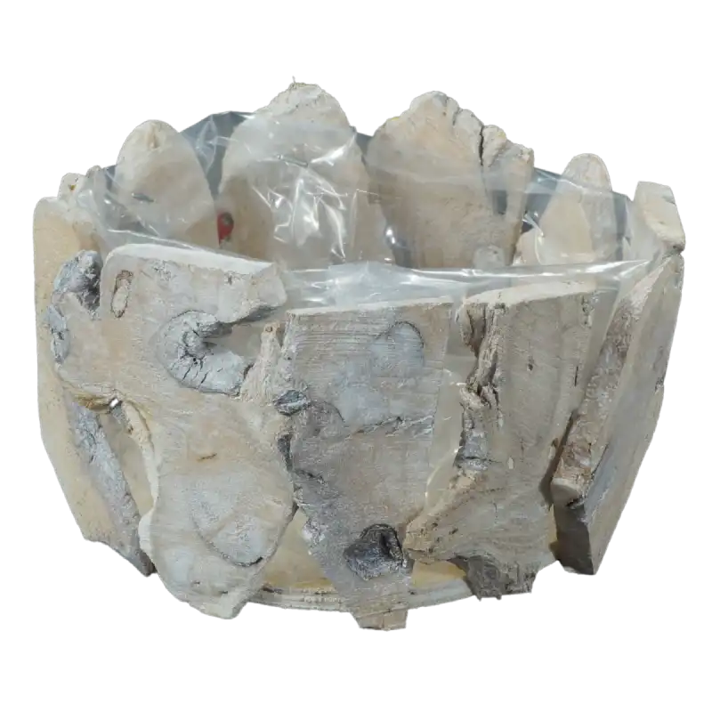 Okrągła osłonka z drewna 18 cm o naturalnym designie. Boki z drewna o różnych kształtach, wewnątrz przezroczysta folia.