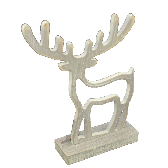 Drewniany renifer w kolorze szarym o wysokości 22 cm na stabilnej podstawie. Ażurowa figurka bożonarodzeniowa, która doskonale prezentuje się jako świąteczna ozdoba domu.