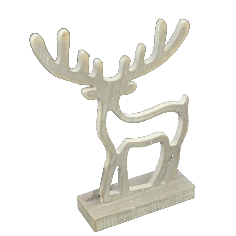 Drewniany renifer w kolorze szarym o wysokości 22 cm na stabilnej podstawie. Ażurowa figurka bożonarodzeniowa, która doskonale prezentuje się jako świąteczna ozdoba domu.