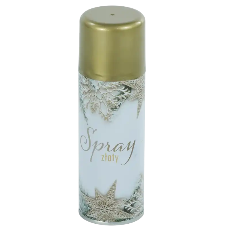 Złoty spray świąteczny o pojemności 250 ml w opakowaniu o wymiarach 16,5x5 cm. Preparat przeznaczony do nadawania blasku ozdobom choinkowym, stroikom oraz powierzchniom z metalu, drewna i papieru.