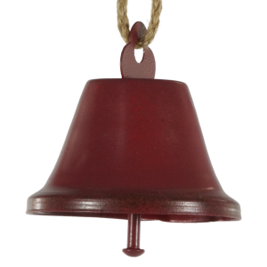 Zbliżenie na czerwony metalowy dzwonek świąteczny o średnicy 8 cm z naturalnym sznurkiem. Ozdoba posiada ciemniejszą obwódkę nadającą jej charakter retro.