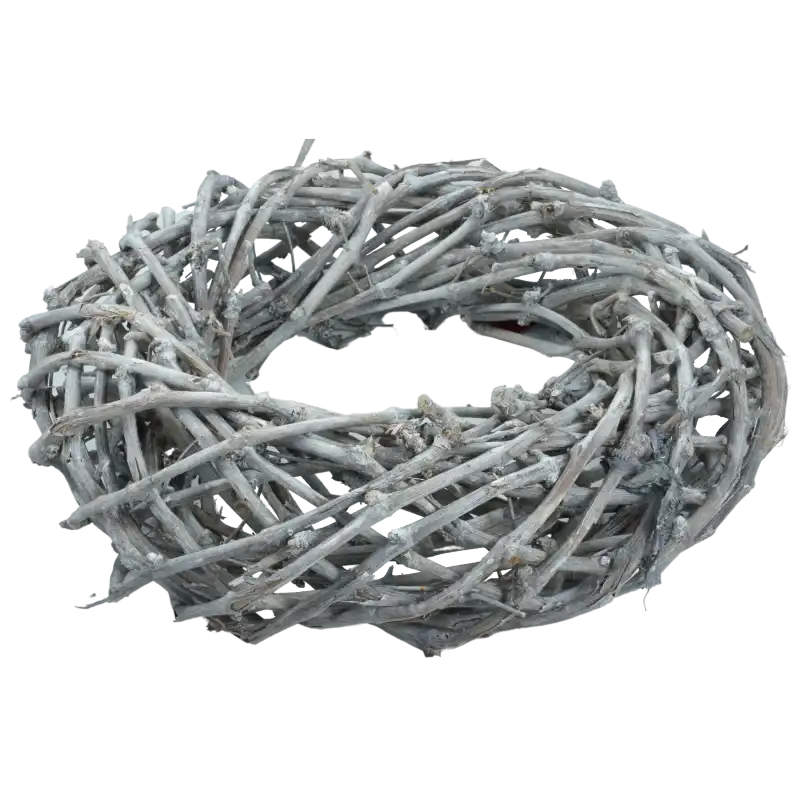 Naturalny wianek z gałązek winorośli o średnicy 58 cm i grubości 17 cm, osadzony na metalowym stelażu, w odcieniach bieli, idealny jako baza stroików.