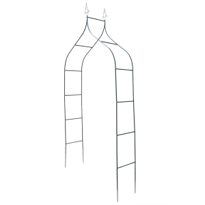 Pusta metalowa pergola ogrodowa o strzelistym kształcie, wykonana z malowanych proszkowo rurek, widoczna na białym tle.
